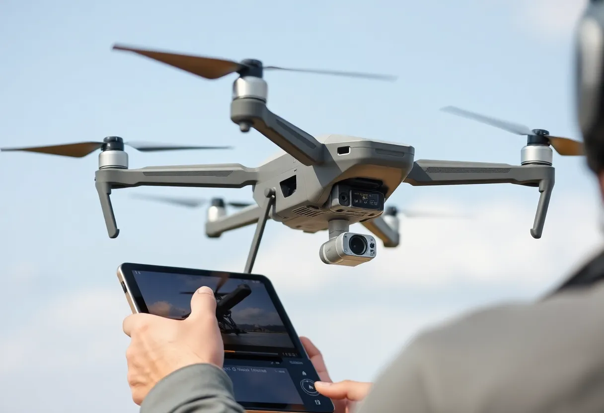 Pilot with remote and tablet flying drone