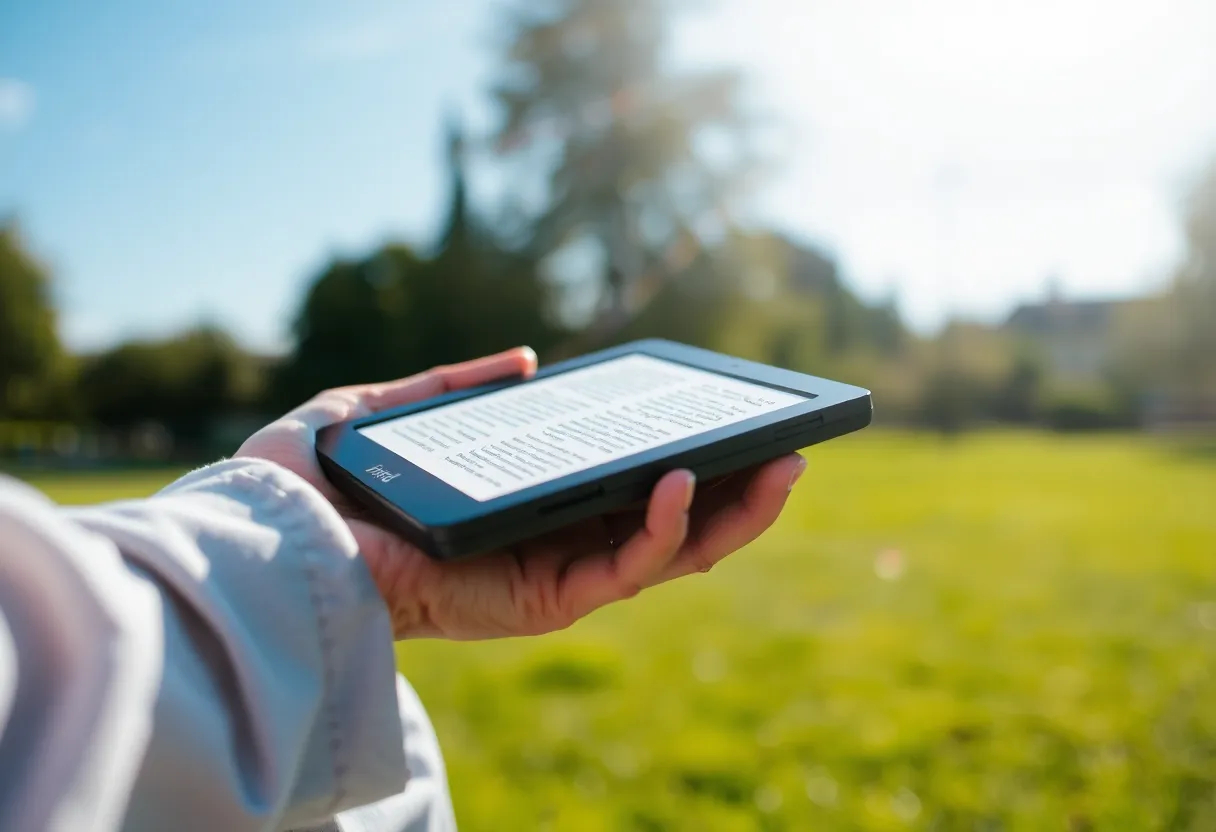 Person reading on e-ink device outdoors