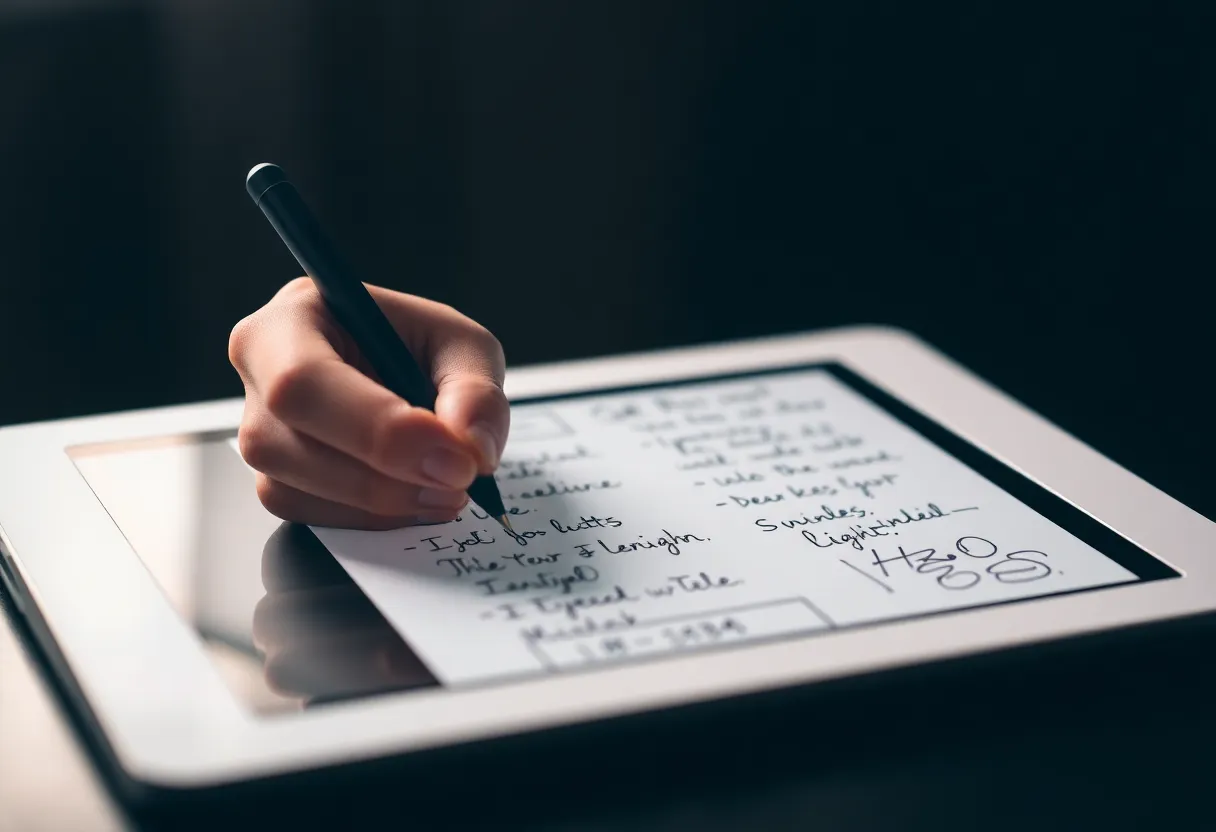 E-ink tablet with handwritten notes and stylus