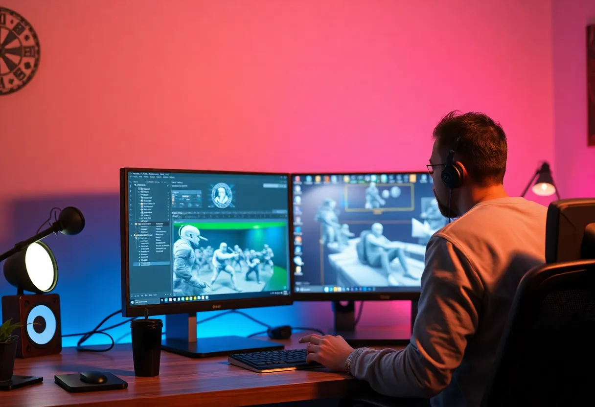 Indie game developer at desk with game editor on screen