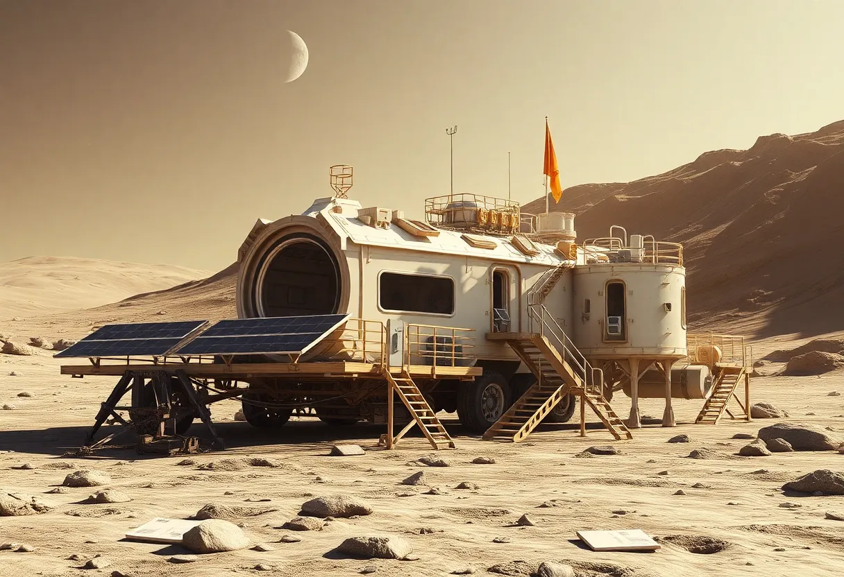 Lunar base or habitat with solar panels and equipment on moon surface