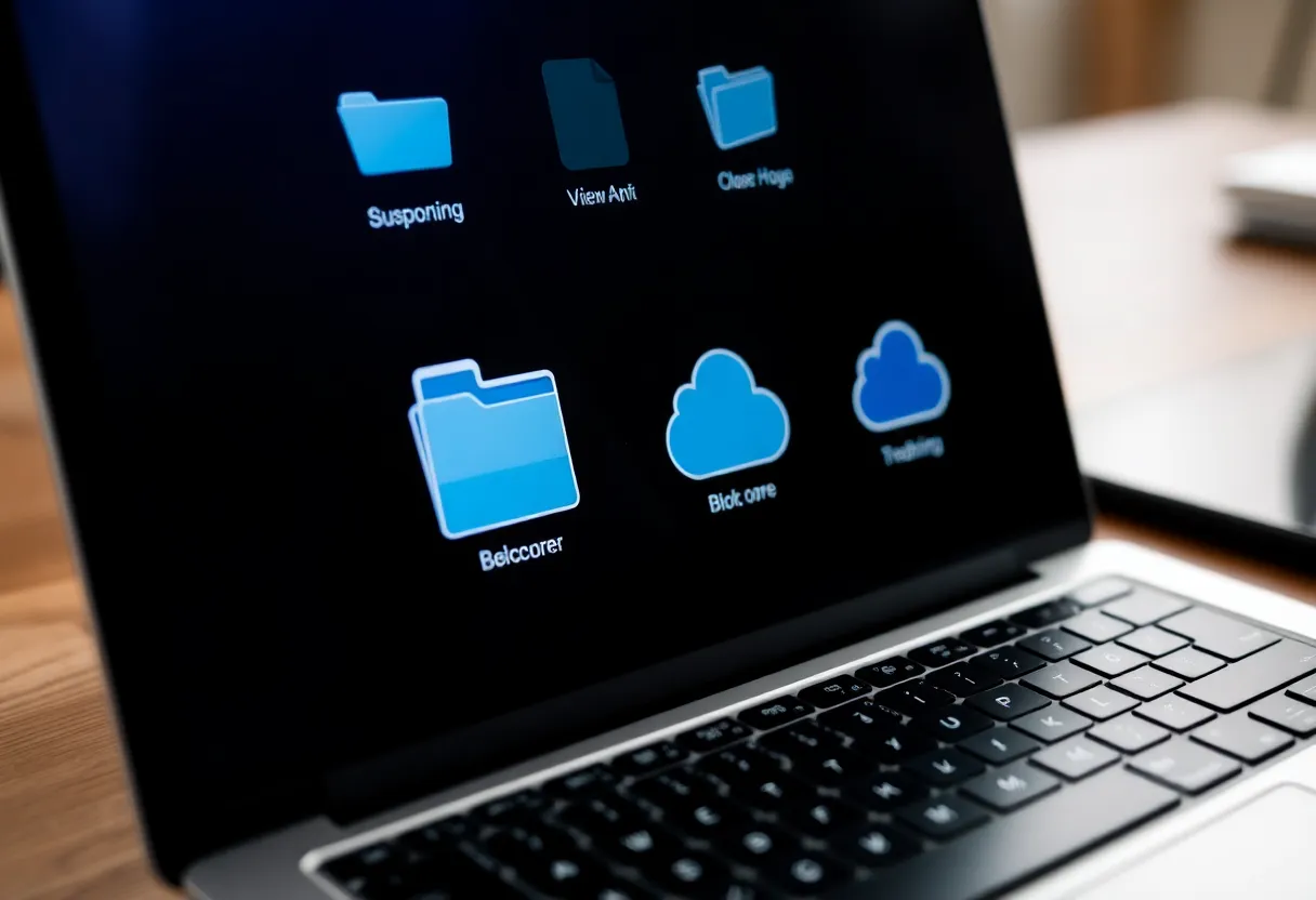 Folder and cloud storage icons on laptop screen