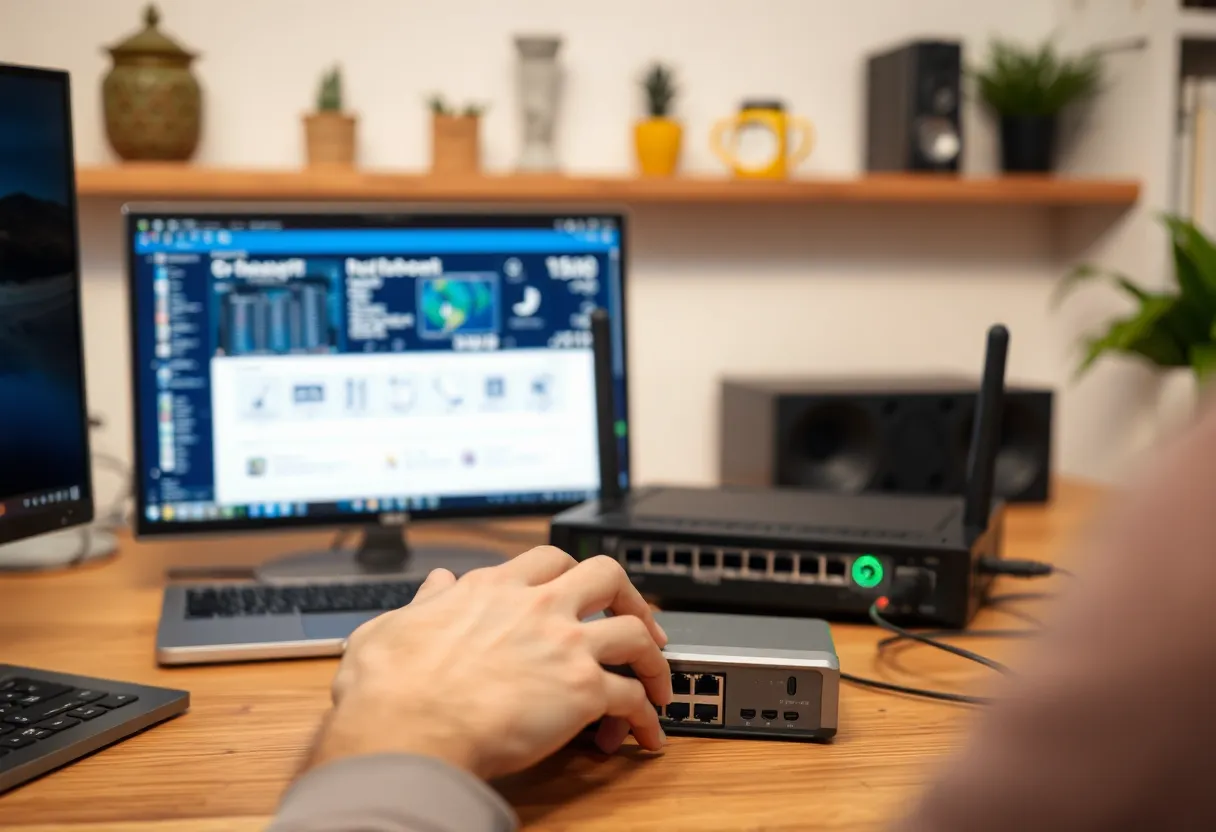 Person configuring router or network device in home office