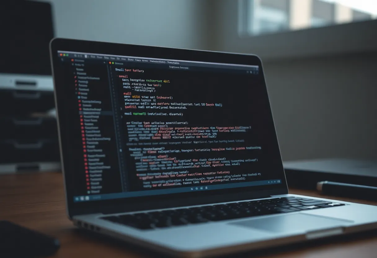 Laptop showing email or terminal with mail server config, developer workspace