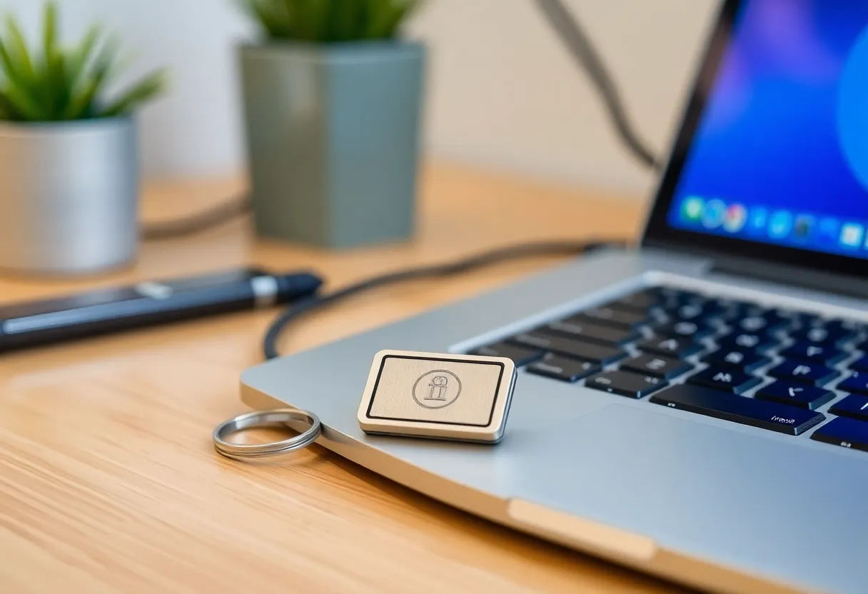 Hardware security key on desk next to laptop, authentication theme