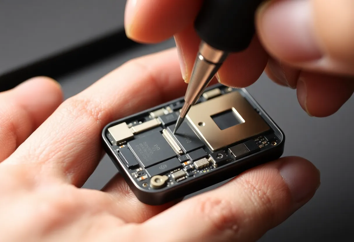 Person using precision screwdriver on small gadget, repair or teardown
