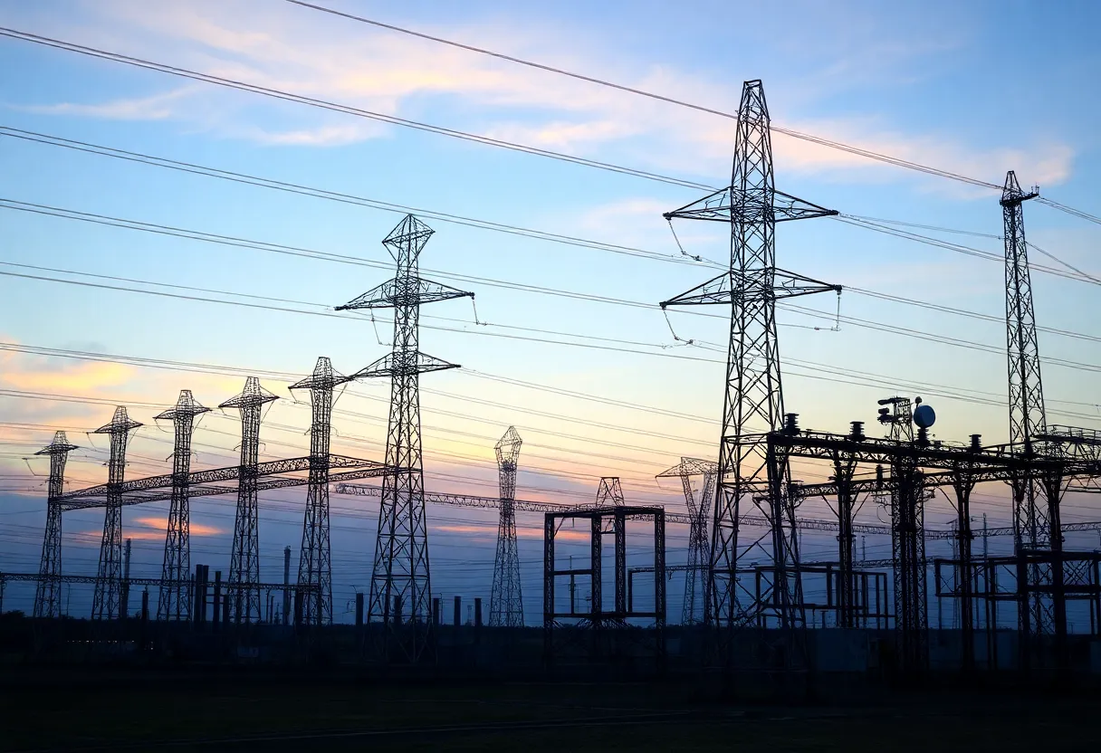 Electrical grid substation and power lines at dusk