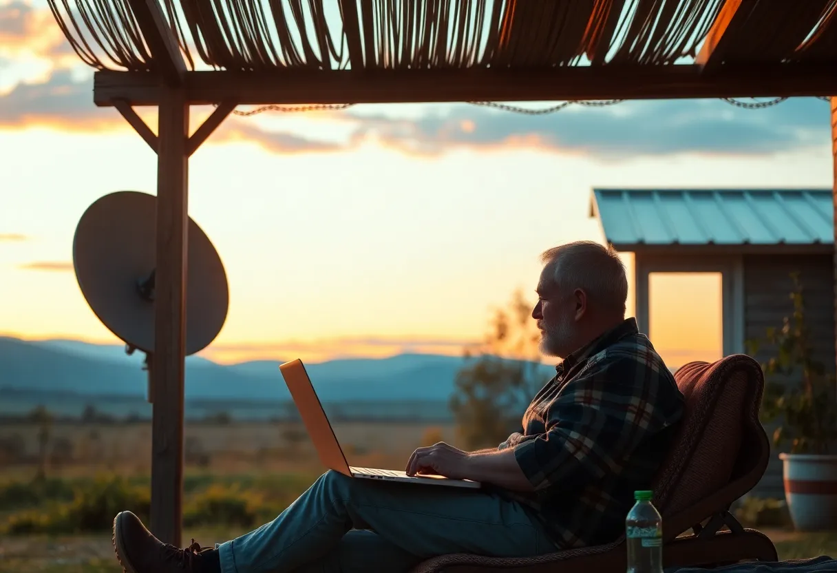 Rural home with satellite antenna and user on laptop at golden hour