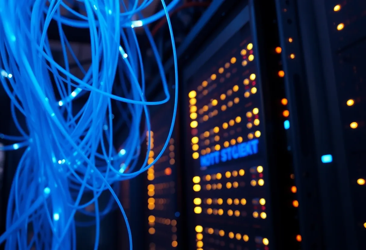Fiber optic and data center infrastructure with glowing server racks