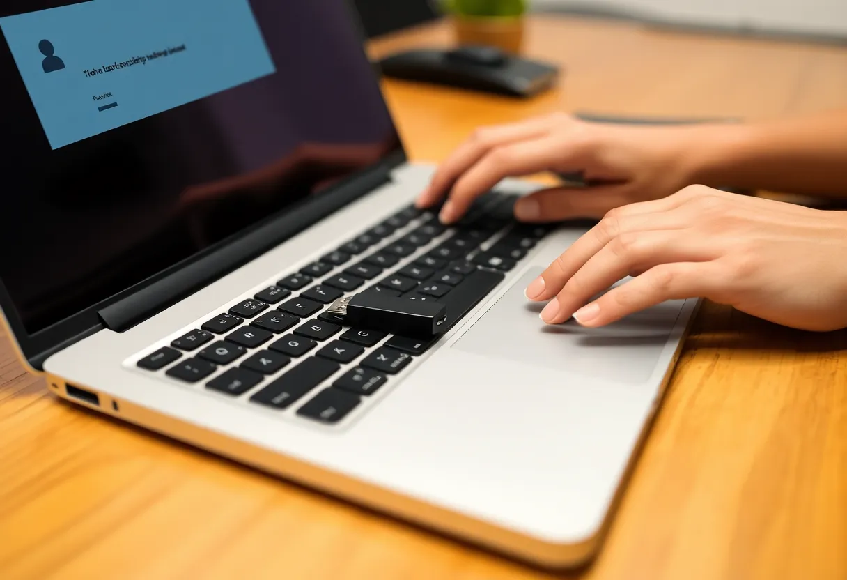 Person using laptop with USB security key for two-factor authentication