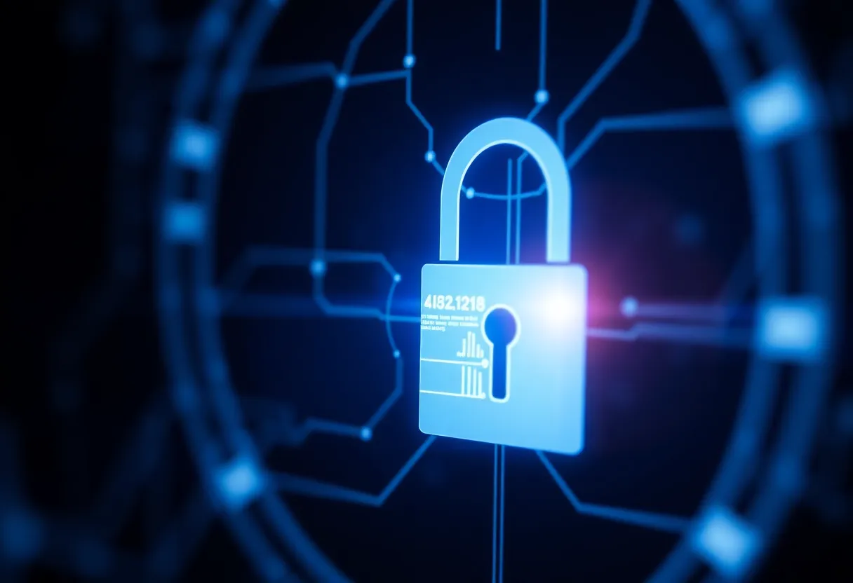 Abstract digital lock and key, cybersecurity concept