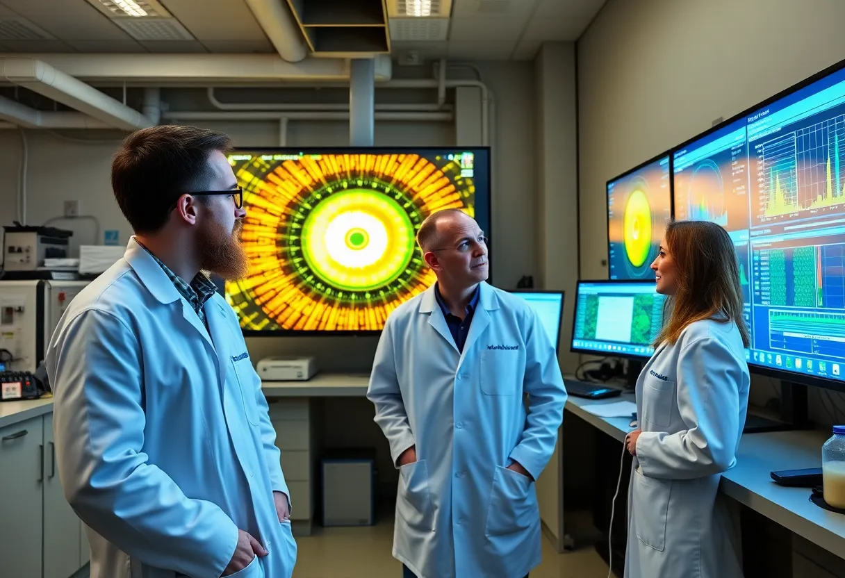Scientists reviewing fusion energy data in research facility