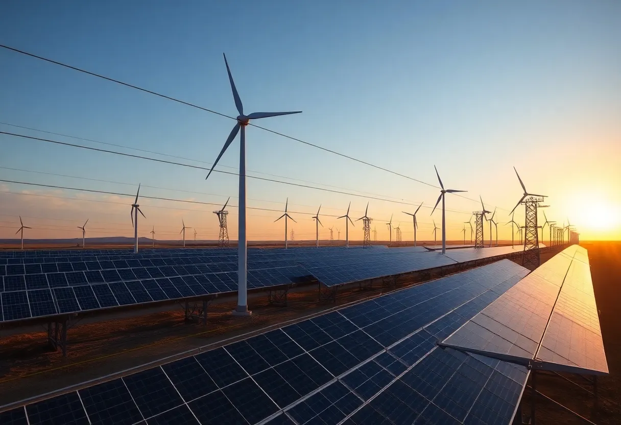 Clean energy power grid with wind and transmission, hopeful mood