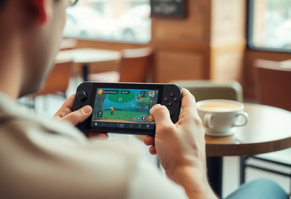Person playing indie game on handheld in coffee shop