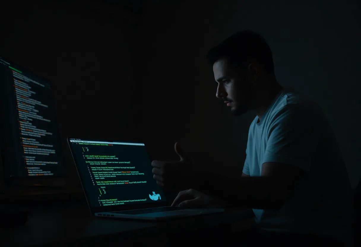 Developer at laptop with terminal and Docker, troubleshooting