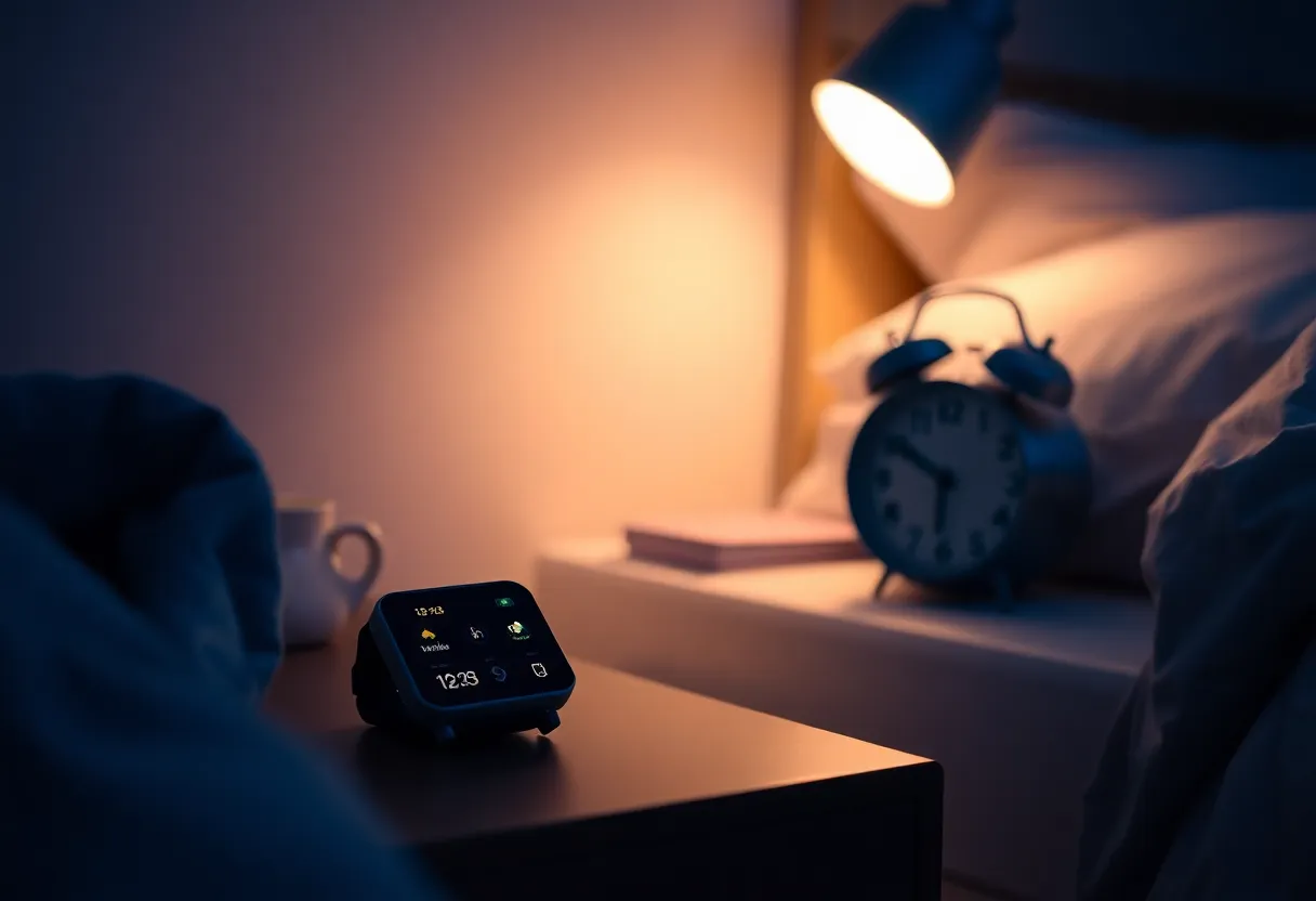 Sleep tracking wearable and alarm clock on nightstand