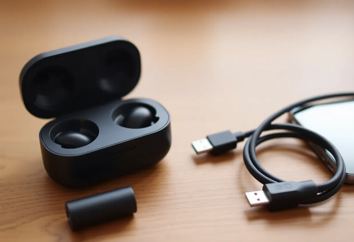 Affordable wireless earbuds and cable on desk, product shot