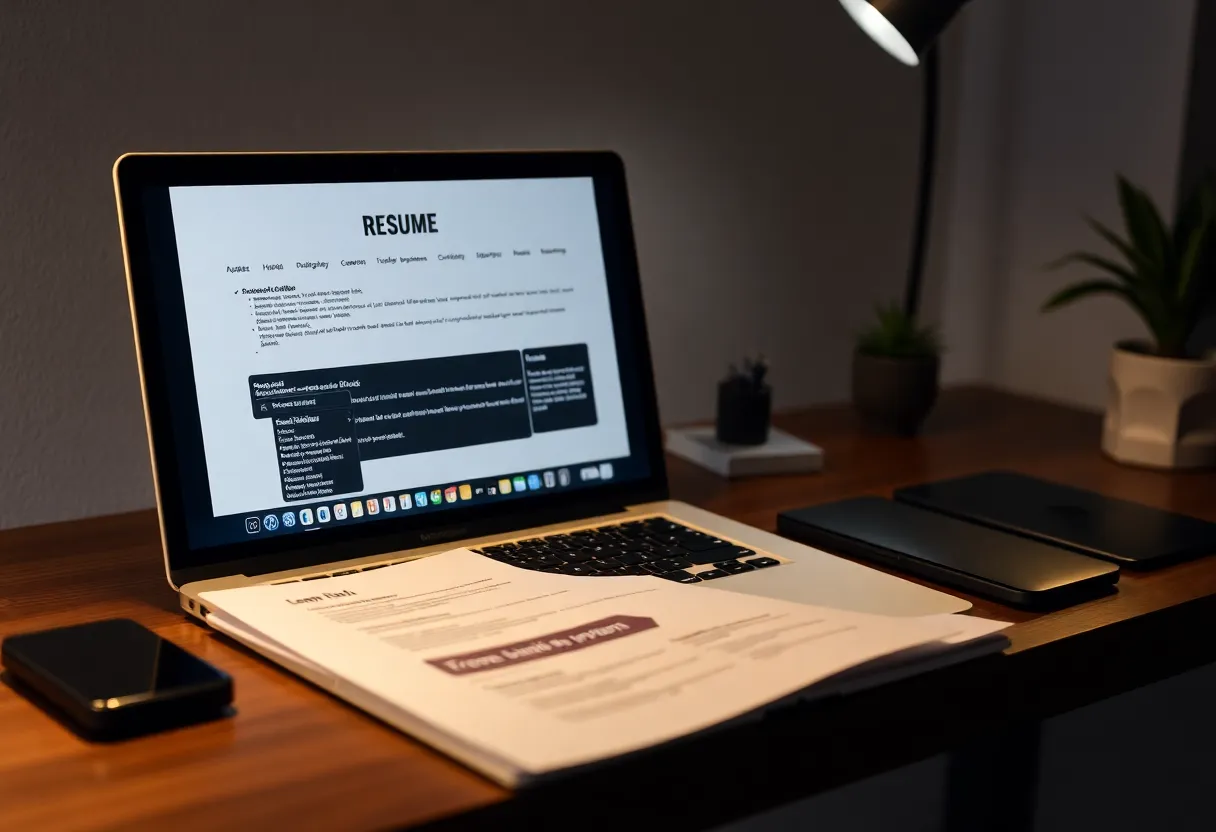 Laptop and documents on desk, job search theme