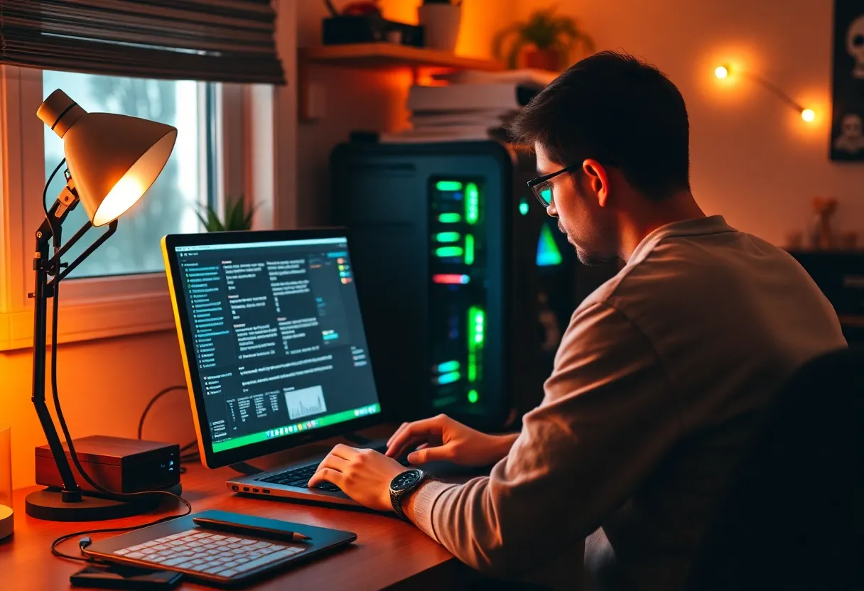 Home office setup with small server hardware and warm lighting