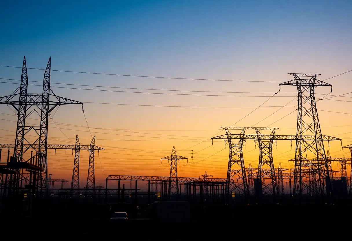 Power infrastructure and electrical grid at dusk