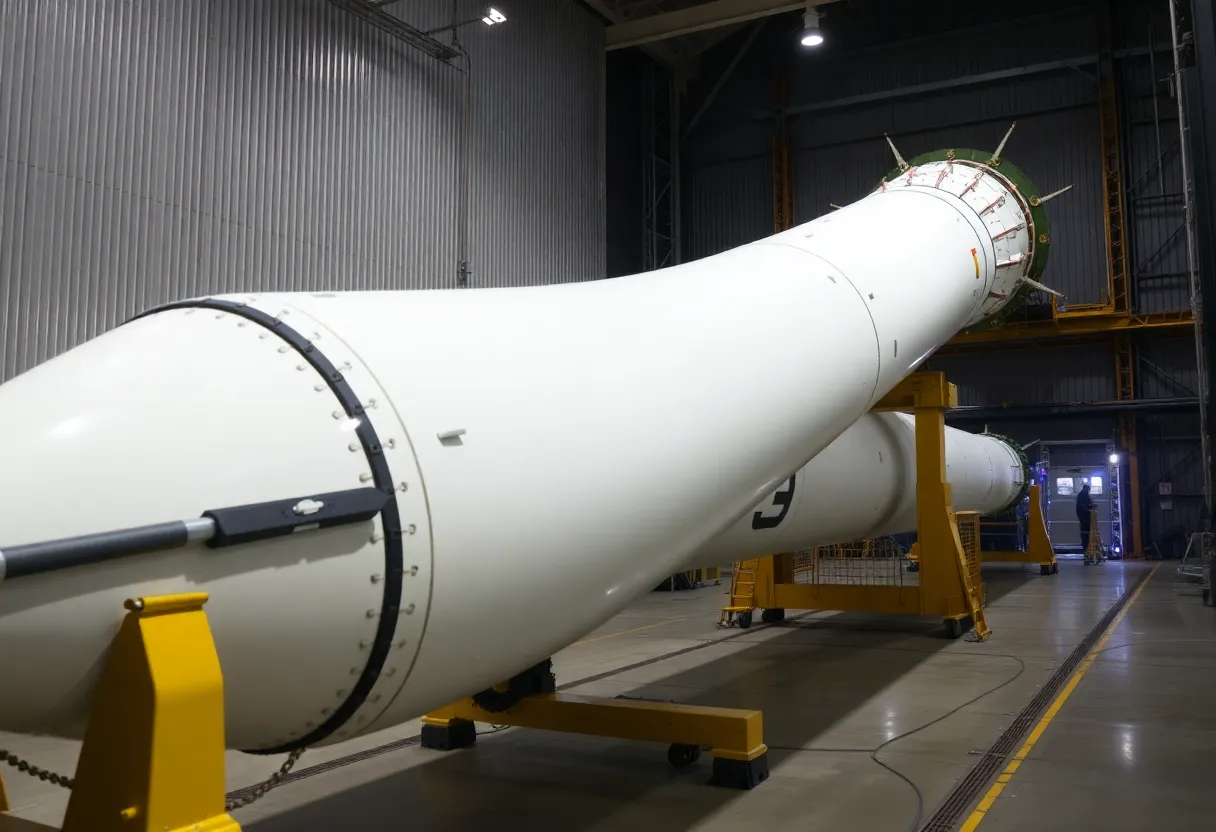 Rocket booster in hangar or pad, space industry