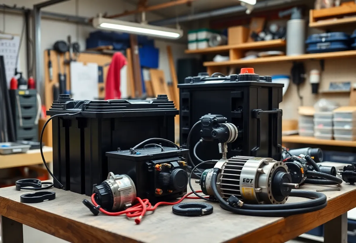 EV conversion components and battery modules on a workshop bench