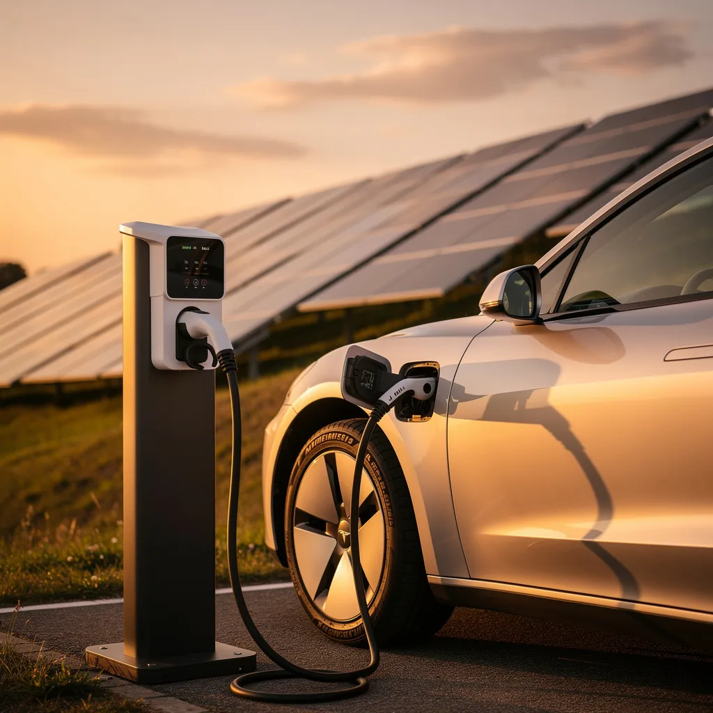 EV charging station with solar panels in background at golden hour