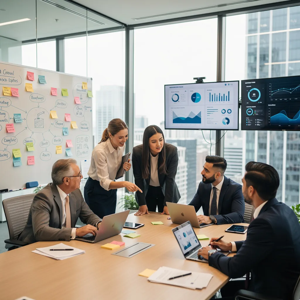 Diverse team in meeting room with whiteboard and digital displays