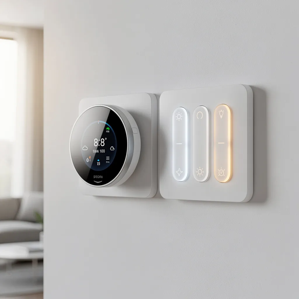 Smart thermostat and lighting control panel on wall, clean modern design