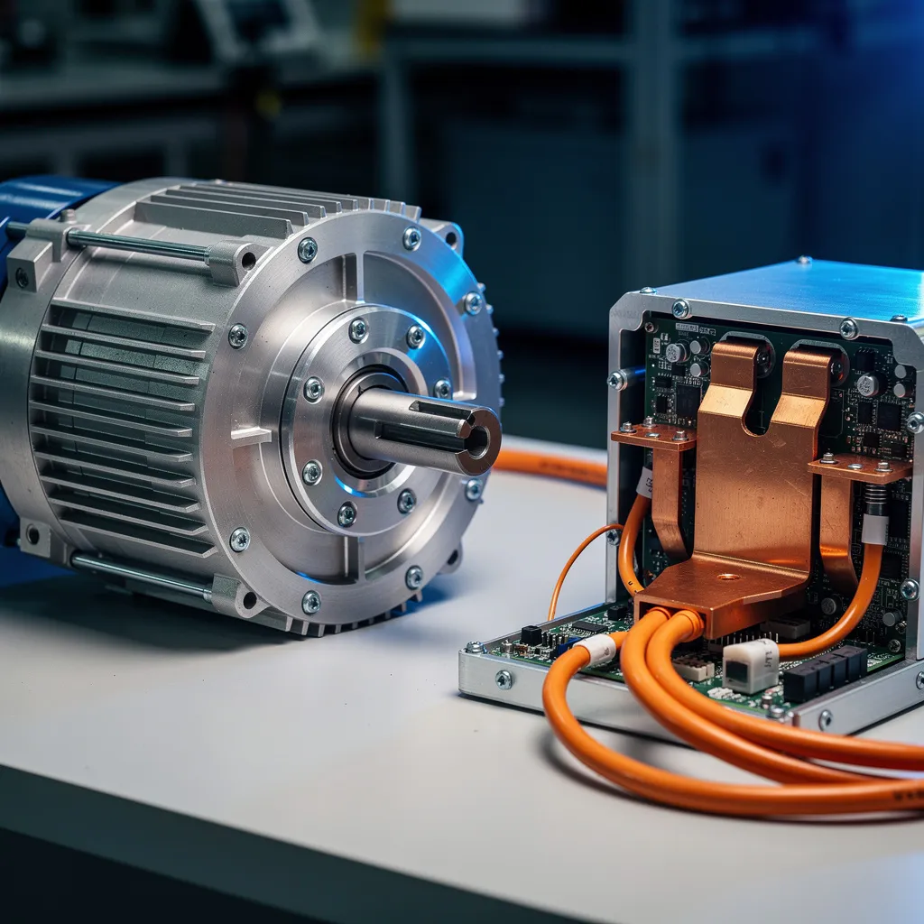 EV motor and inverter assembly with industrial detail and blue accent lighting