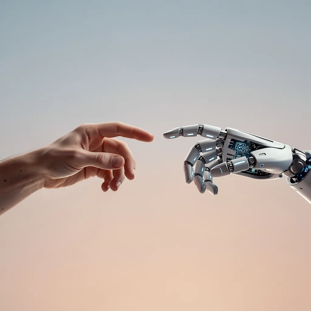 Human hand and robotic hand, collaboration and partnership