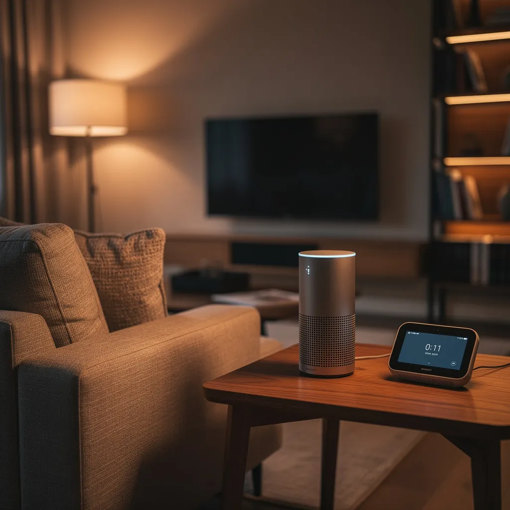 Voice assistant and smart speaker in living room with warm ambient light