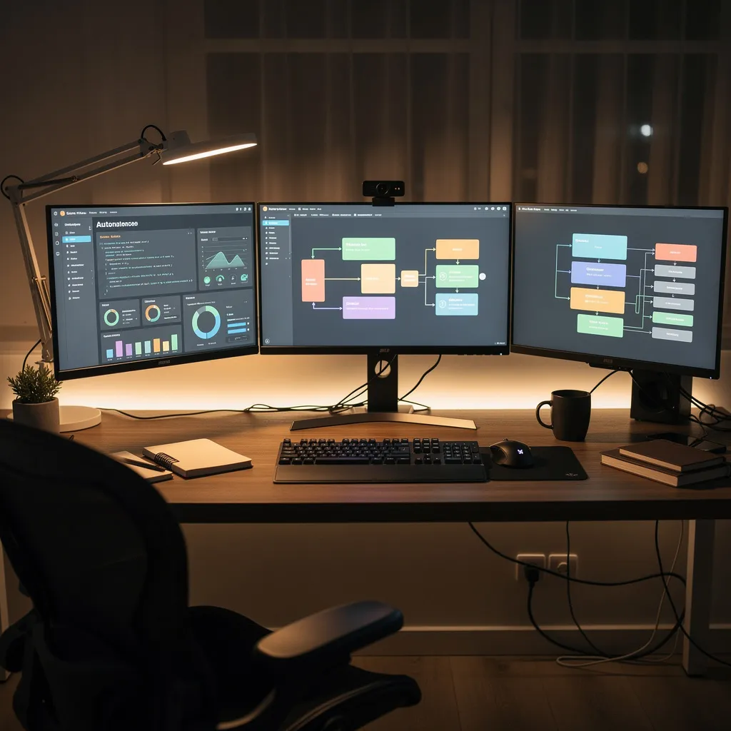 Workflow diagram and automation tools on multiple monitors, desk setup