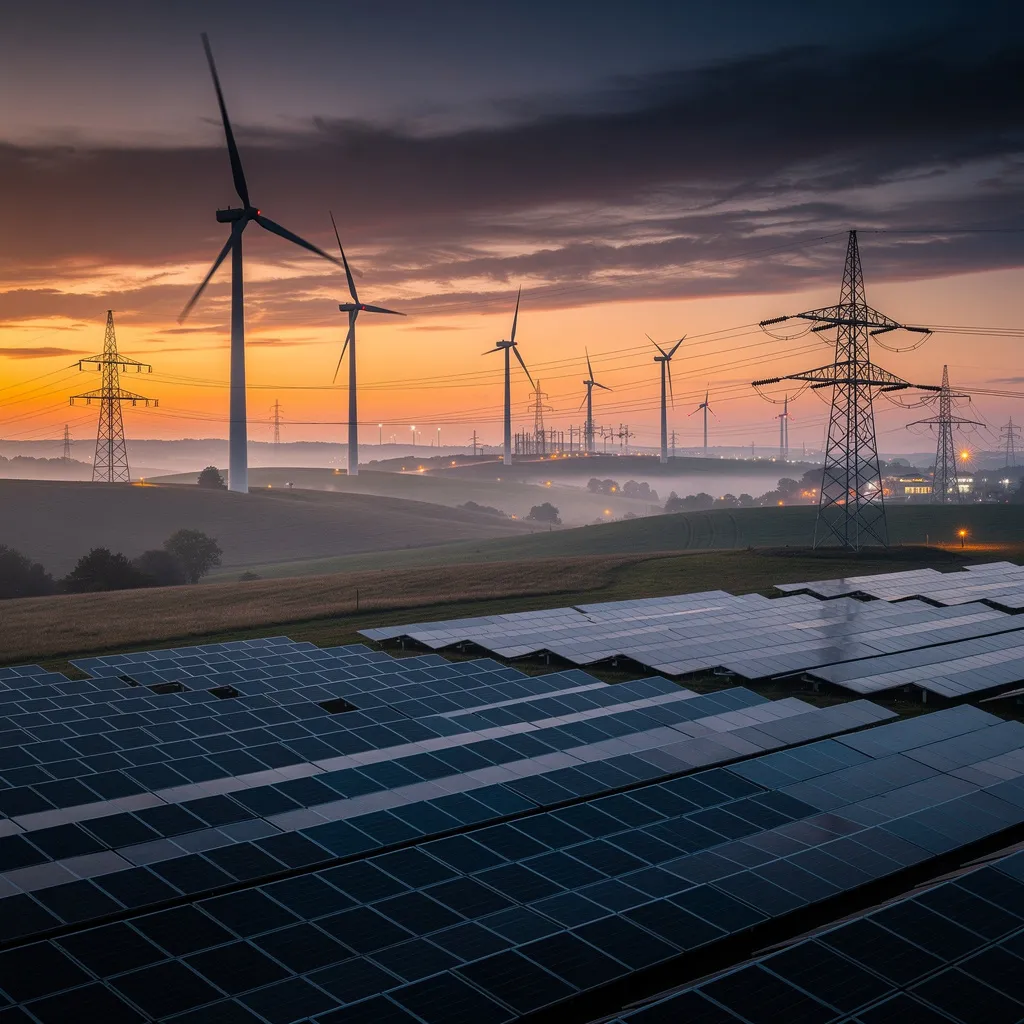 Power grid and renewable energy, wind and solar, wide landscape at dusk