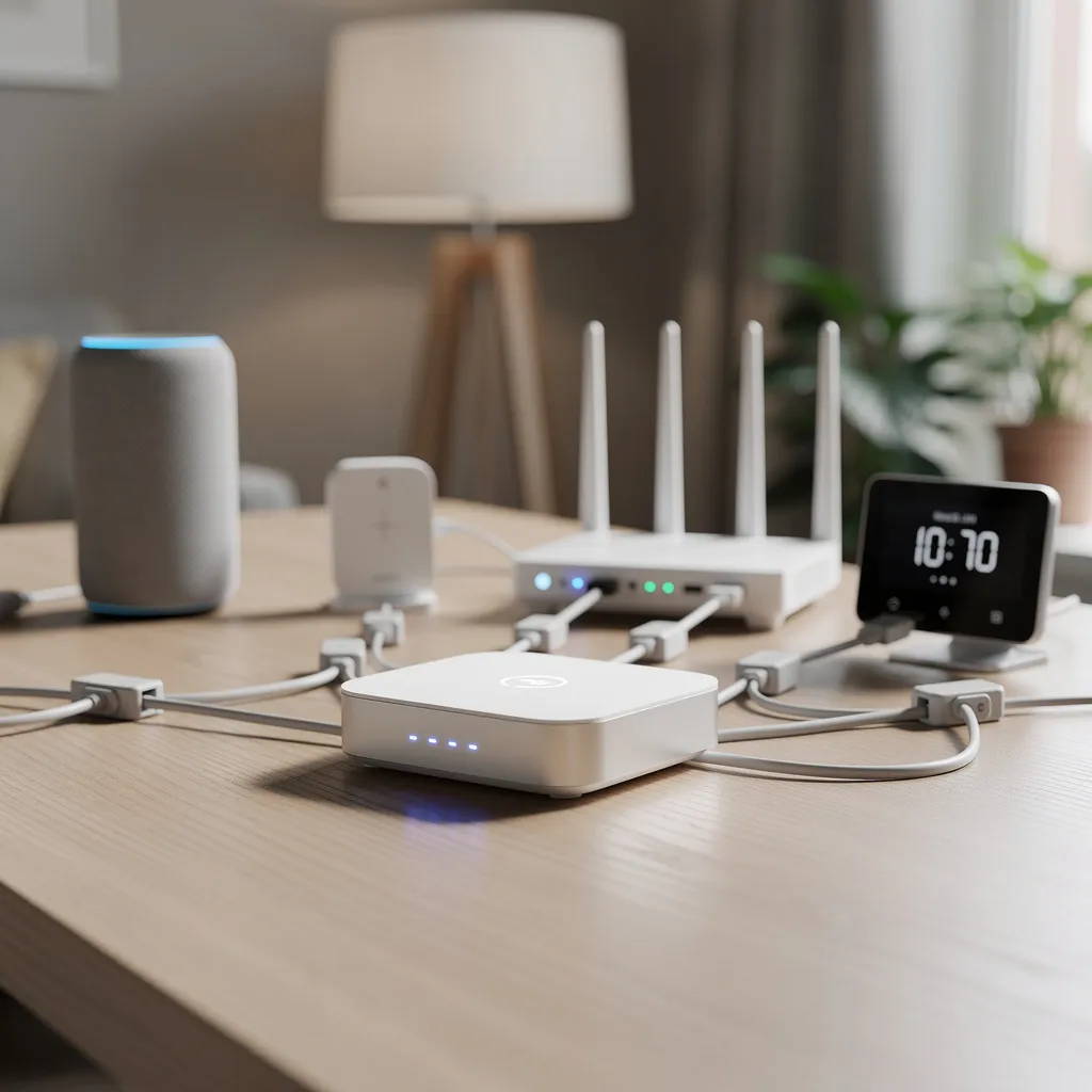 Home automation hub with connected devices, organized desk setup