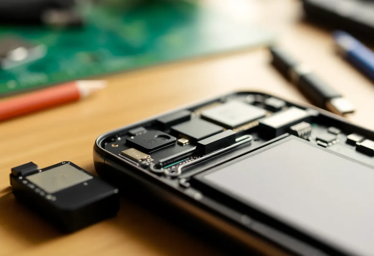 Smartphone components and circuit board with removable battery slot in repair workshop