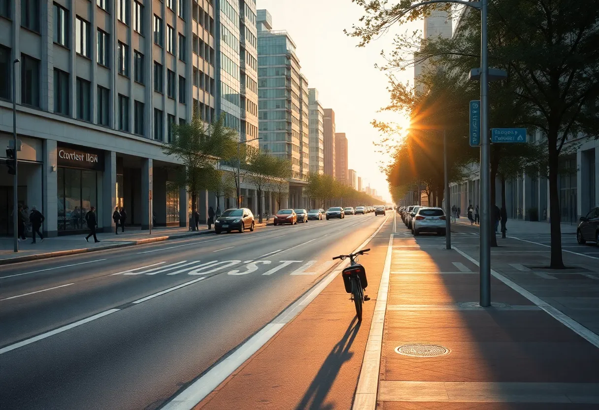 City street with bike lane and pedestrian zone