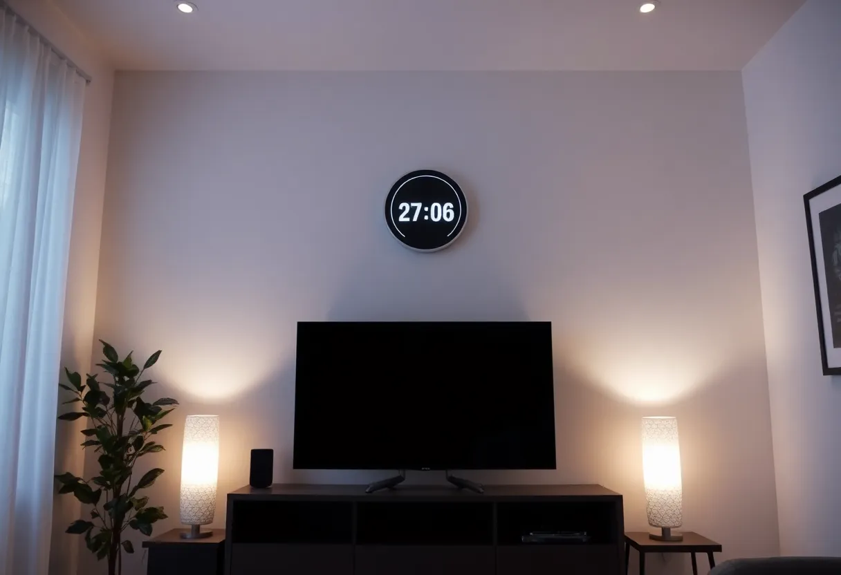 Home automation hub with offline indicator in dim lighting