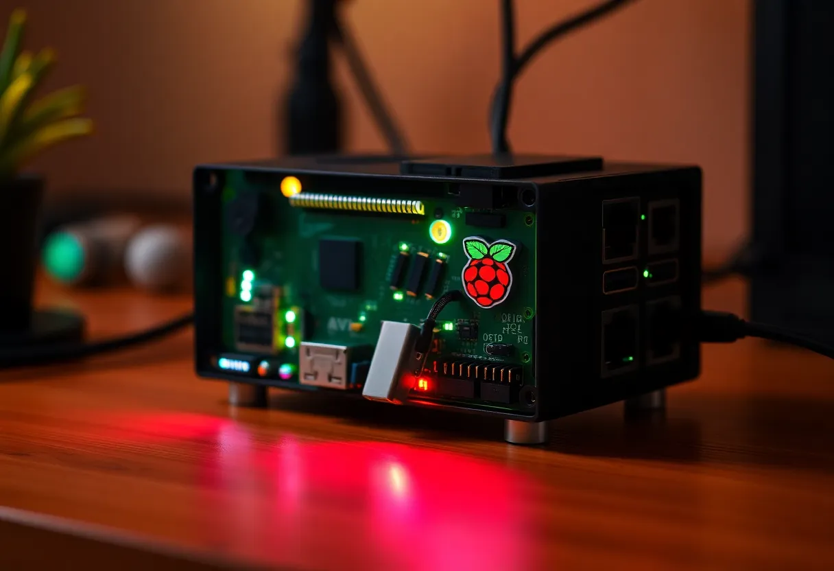 Raspberry Pi mini server with glowing network ports