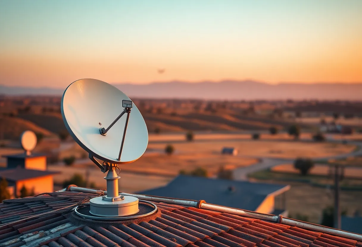 Satellite dish on rural rooftop for connectivity
