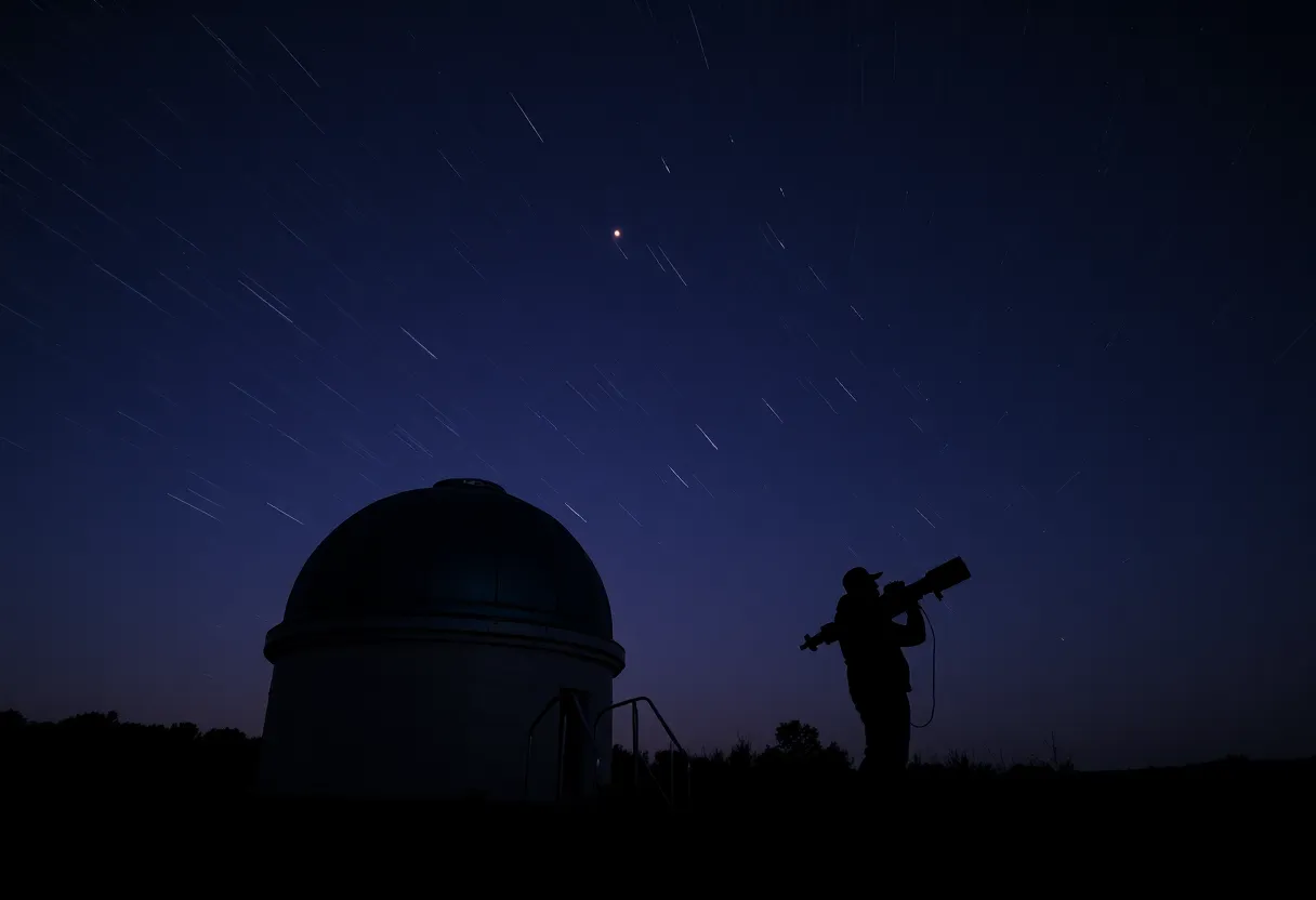 Astronomer at telescope observing night sky with satellite streaks