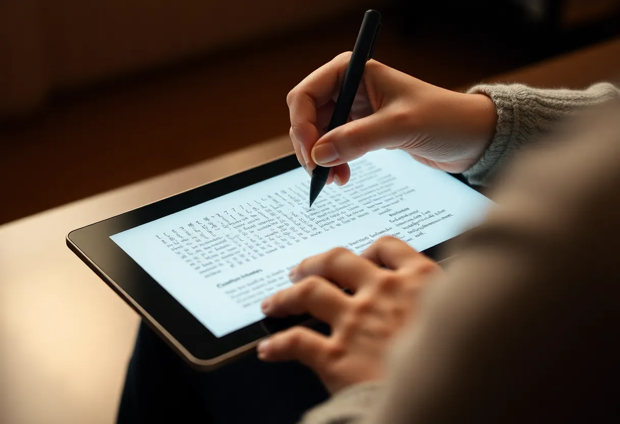 Person writing on e-ink tablet with stylus, focus and deep work