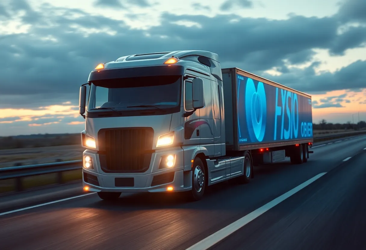 Hydrogen fuel cell truck on highway, long haul freight