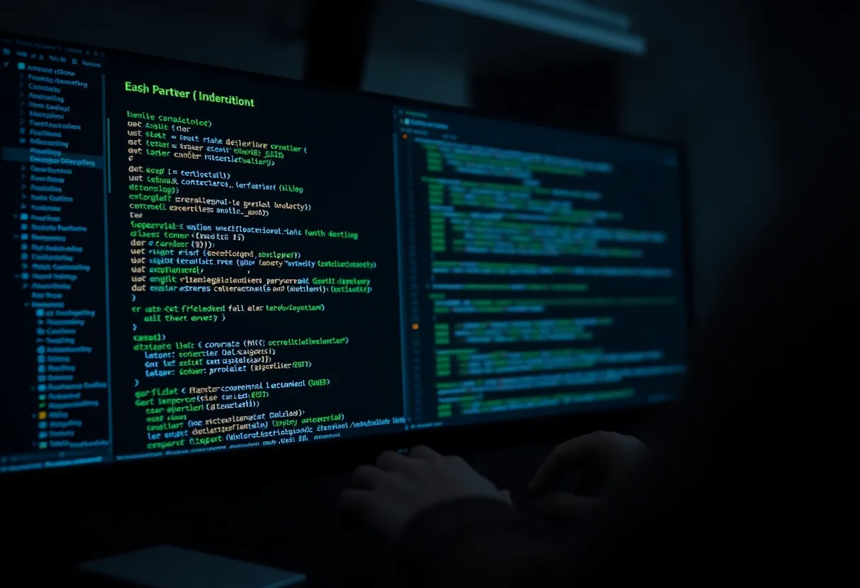 Developer coding at terminal with Git workflow and version control