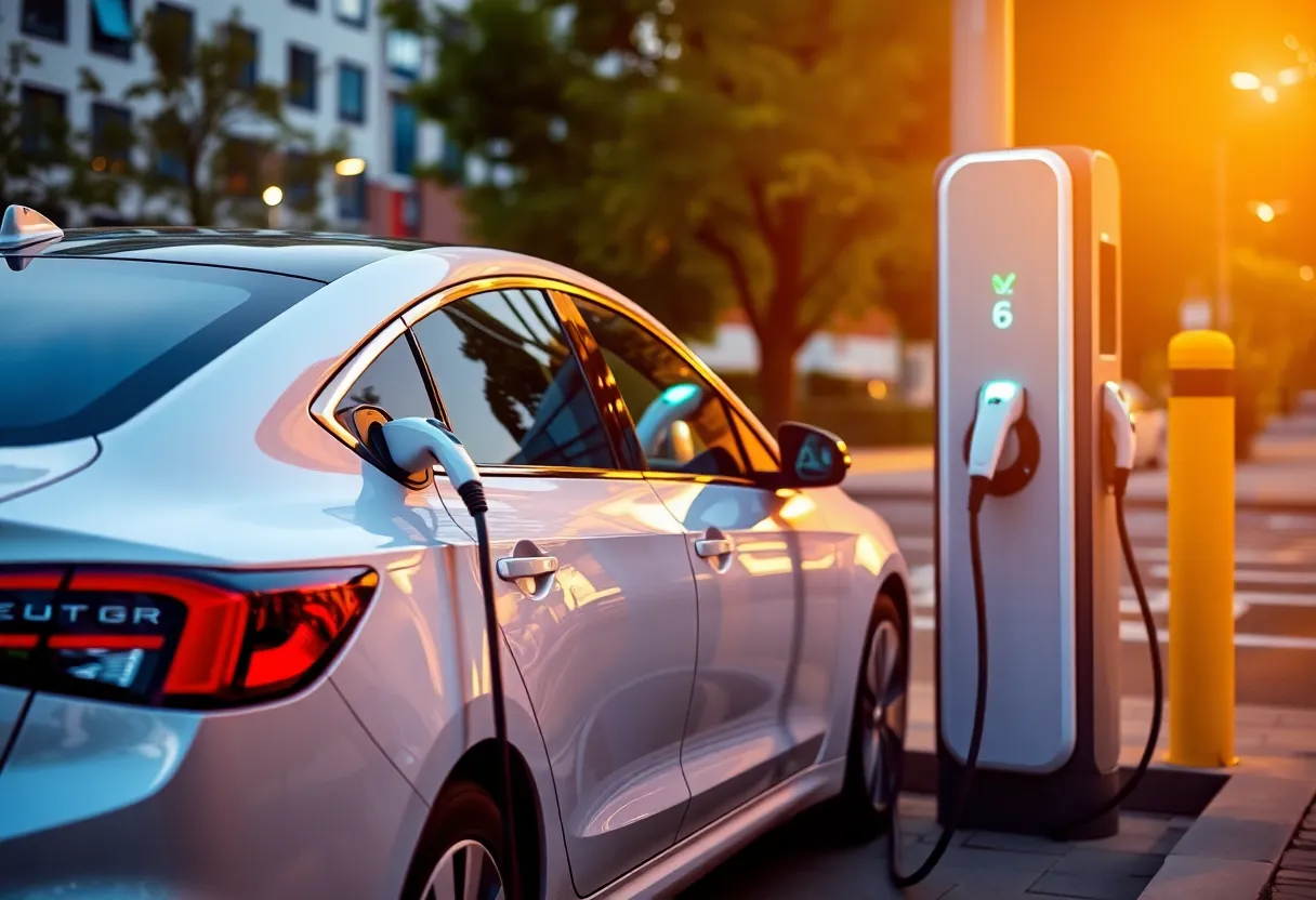 Electric vehicle charging at station, EV plugged in, urban environment