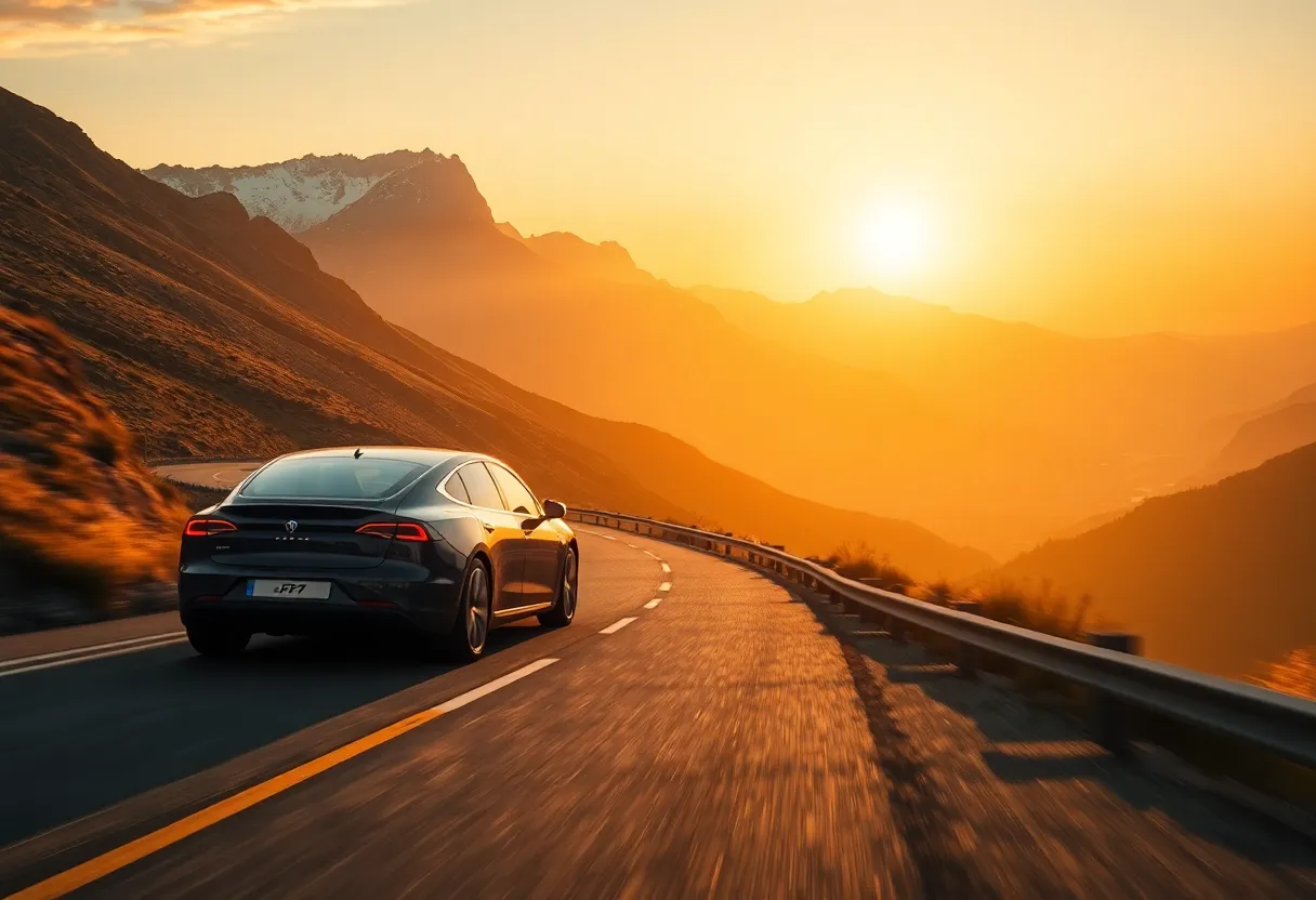 Electric vehicle driving on mountain road, scenic landscape, range and efficiency