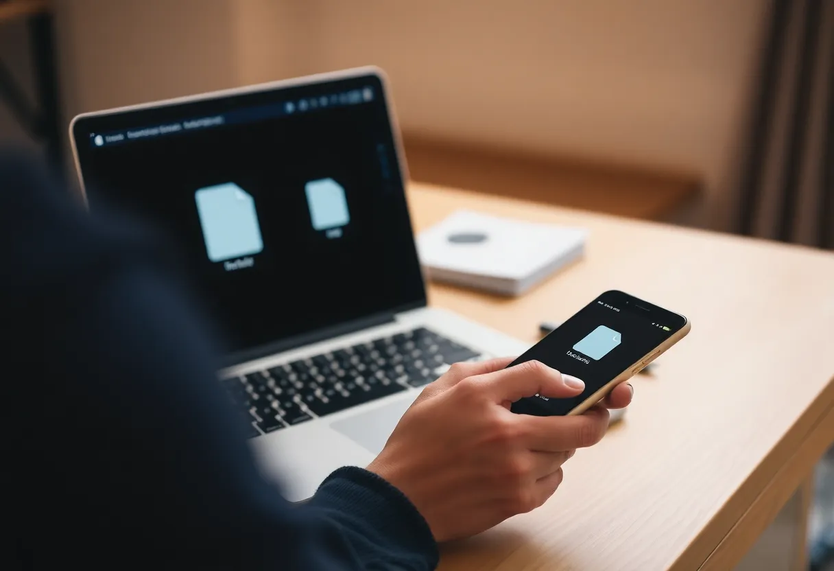 Person syncing files across laptop tablet and phone
