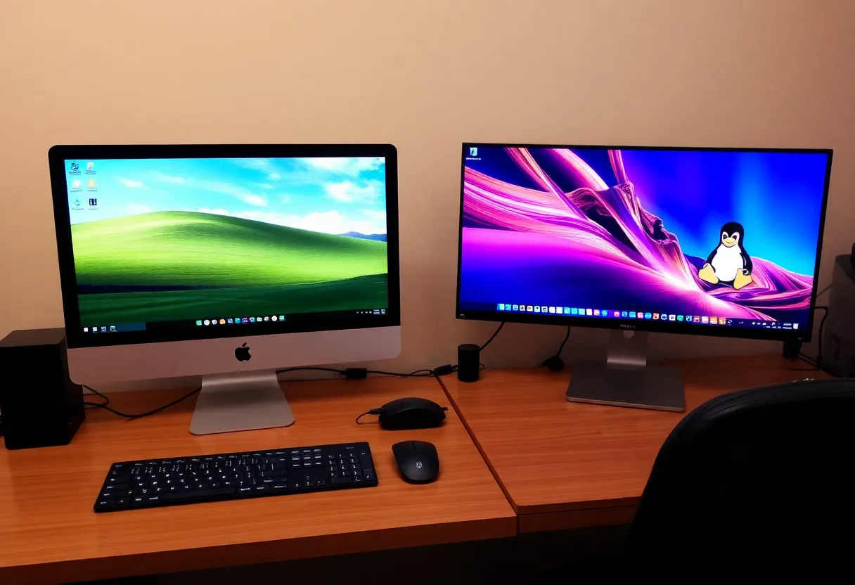 Two computers side by side - Windows and Linux setup