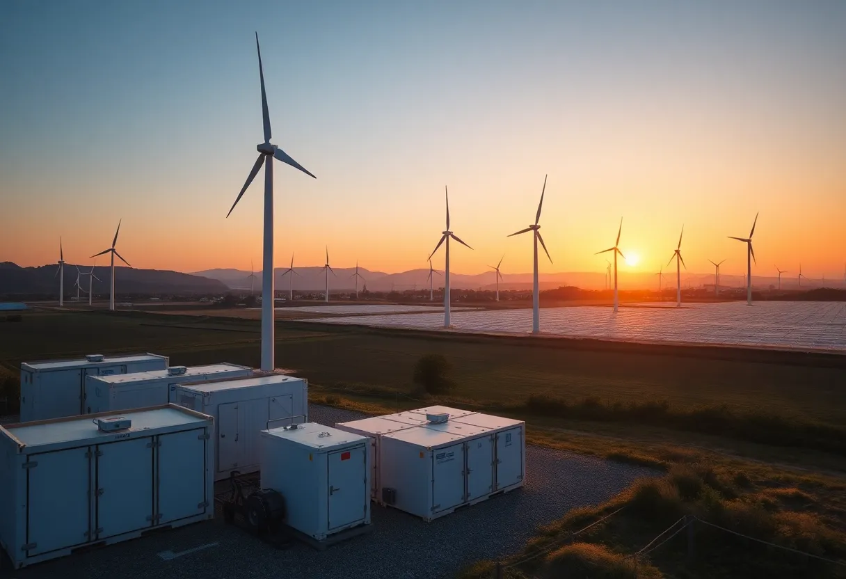 Wind turbines and battery storage containers at a renewable energy facility at sunset