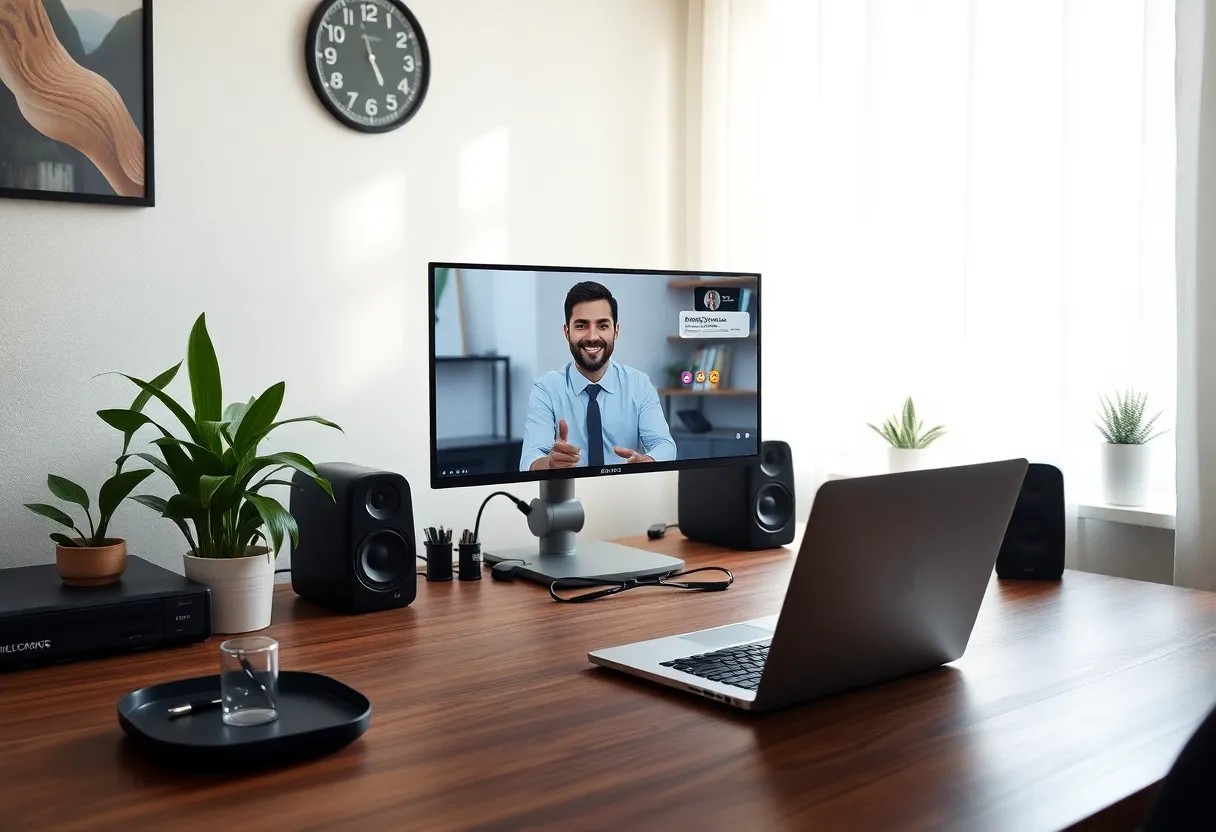 Home office setup with laptop, monitors, and video call on screen, natural lighting